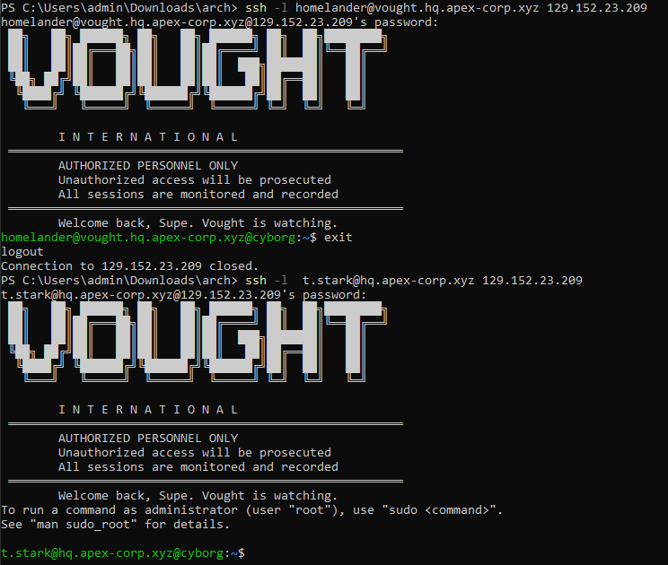 Two terminal windows showing successful SSH login to BATCAVE using t.stark@hq.apex-corp.xyz and homelander@vought.hq.apex-corp.xyz